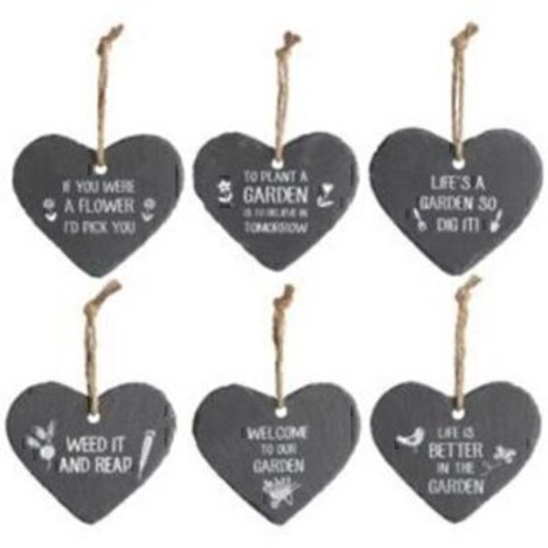 Choice of 6 Small Heart Shaped Garden Sign by Transomnia. Slate heart shaped signs with various garden sayings - 'If you were a flower I would pick you', 'To plant a garden is to believe in tomorrow', 'Life is a garden so dig it', 'Reap it and weep', 'We